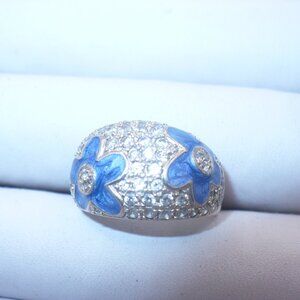 Sterling Silver pave rhinestones Blue Enamel Flowers Ring